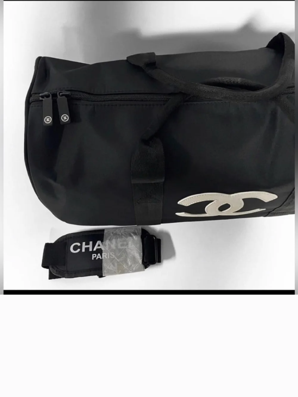 CHANEL Black Duffel Bag with White CC Logo